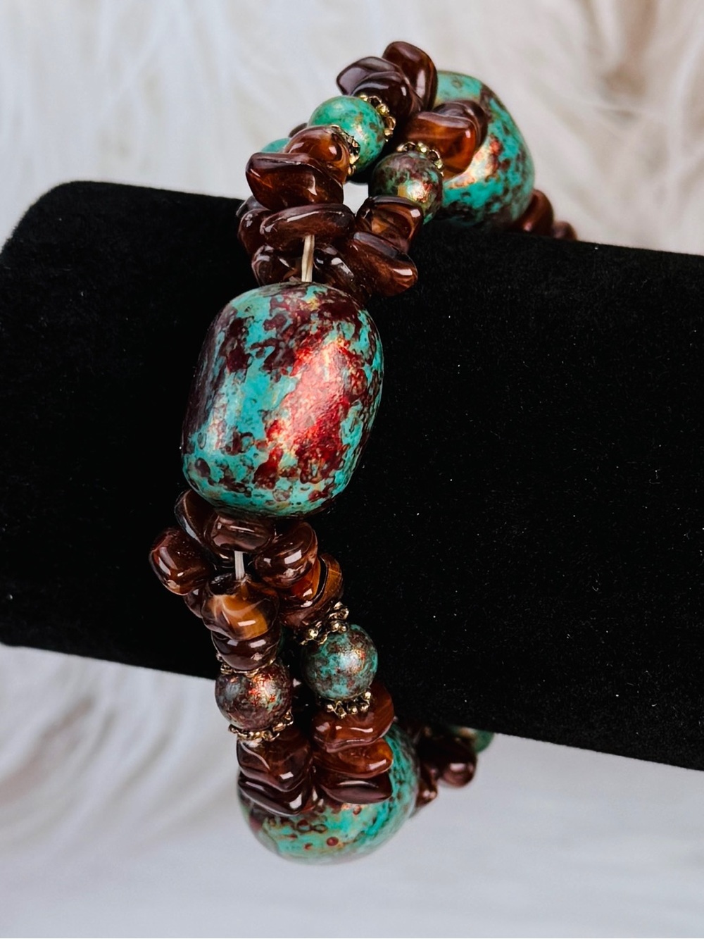 Bohemian chic blue and Brown Beaded Stretch Bracelet